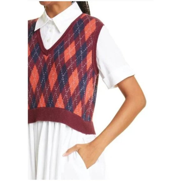 NWT $345 STAUD JACK KNAVE ARGYLE VEST BODICE WHITE COTTON MIDI DRESS SIZE SMALL - Picture 4 of 8